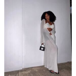 LPA Jorryn Revolve Crochet Bell Sleeves Knit Maxi Dress Coverup Cream White XS